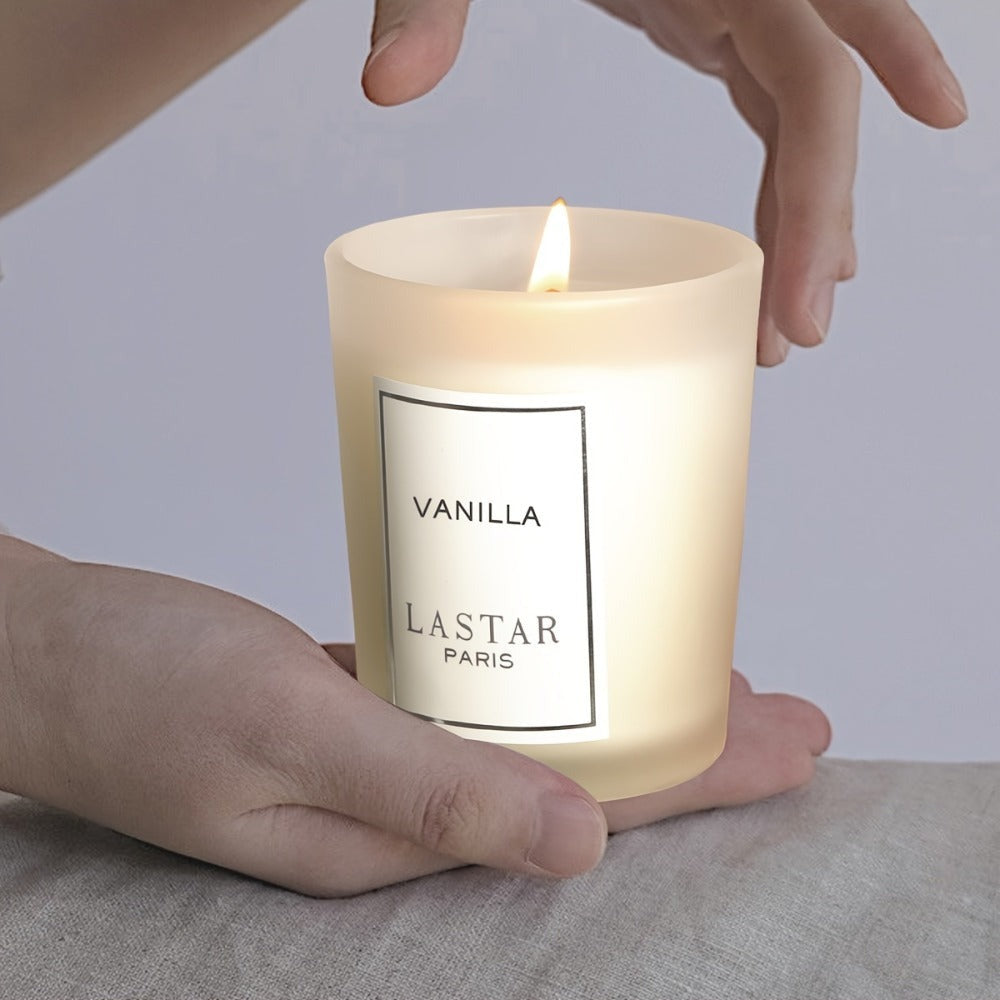LASTAR Vanilla Scented Candle, 70g Frosted Round Glass Jar with 2.4 oz Marking and Pictured Carton