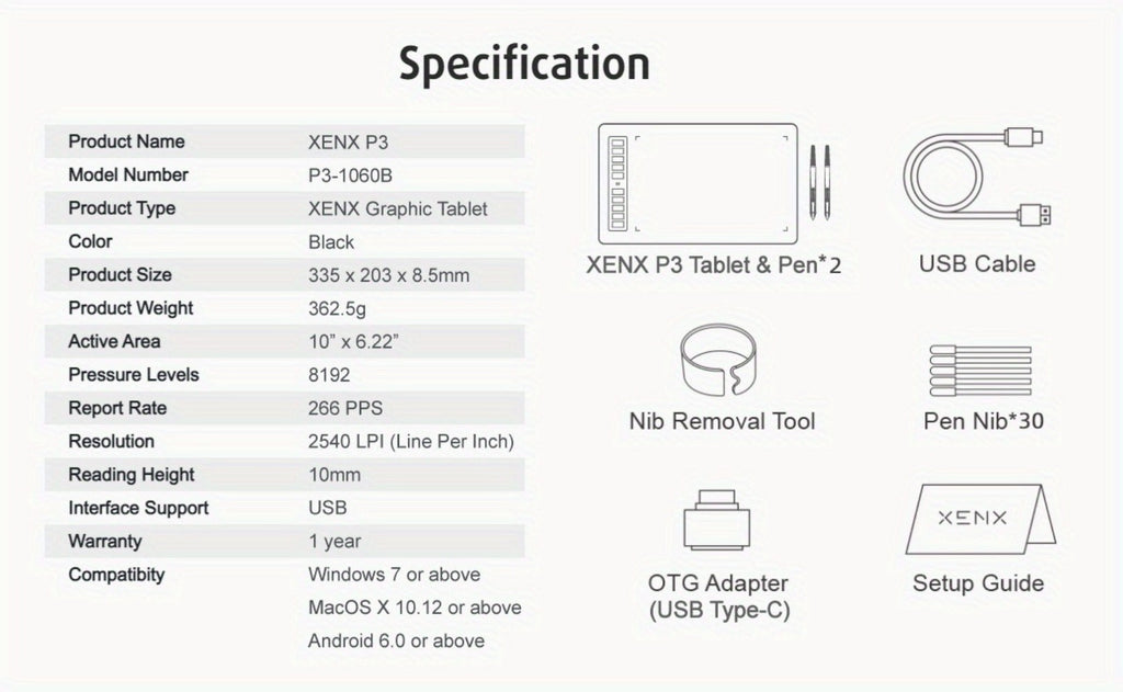 XENX Graphics Drawing Tablet 10 x 6.22 Inch, 8192 Pressure Sensitivity Battery-Free Passive Stylus