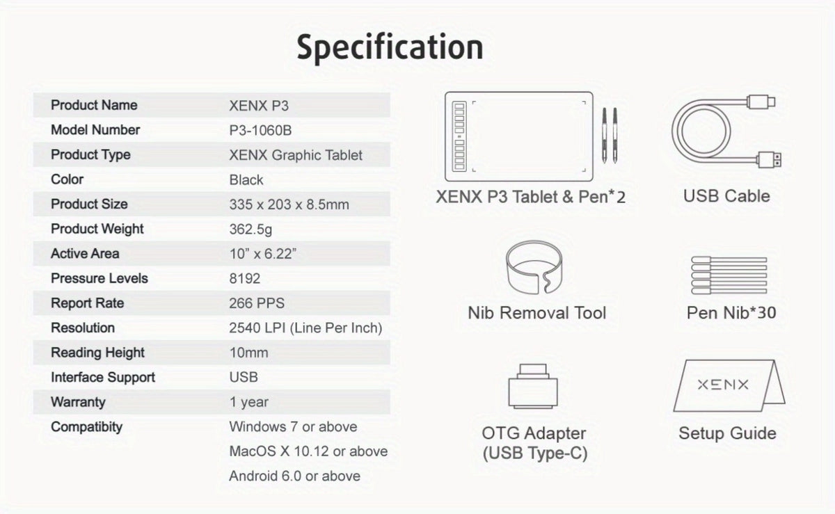 XENX Graphics Drawing Tablet 10 x 6.22 Inch, 8192 Pressure Sensitivity Battery-Free Passive Stylus