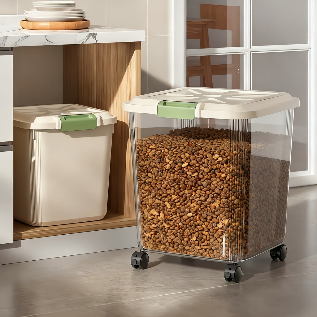 Transparent Rolling Pet Food Bin with Scoop and 11lb, 22lb or 33lb Capacity-Labeled Options