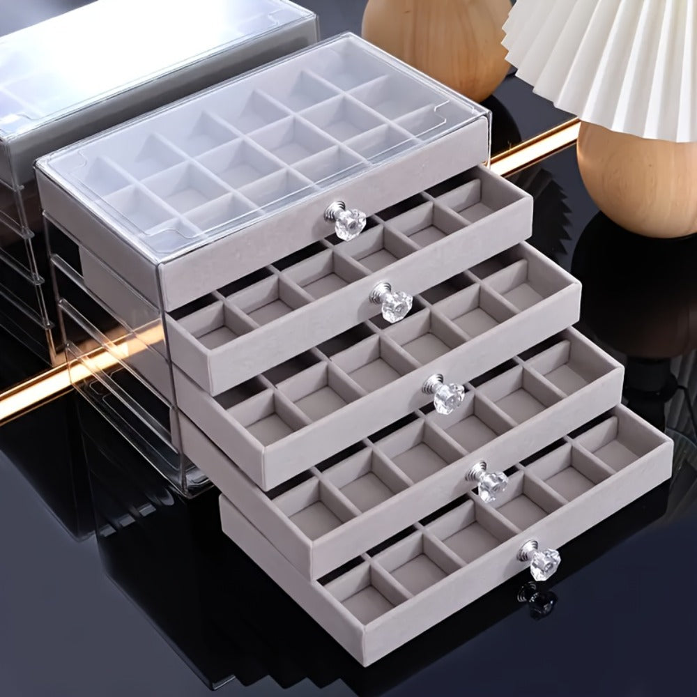 Jewelry Organizer 5-Tier 56-Grid Drawer Box in Gray or Beige for Rings, Earrings, Brooches and Hair Clips
