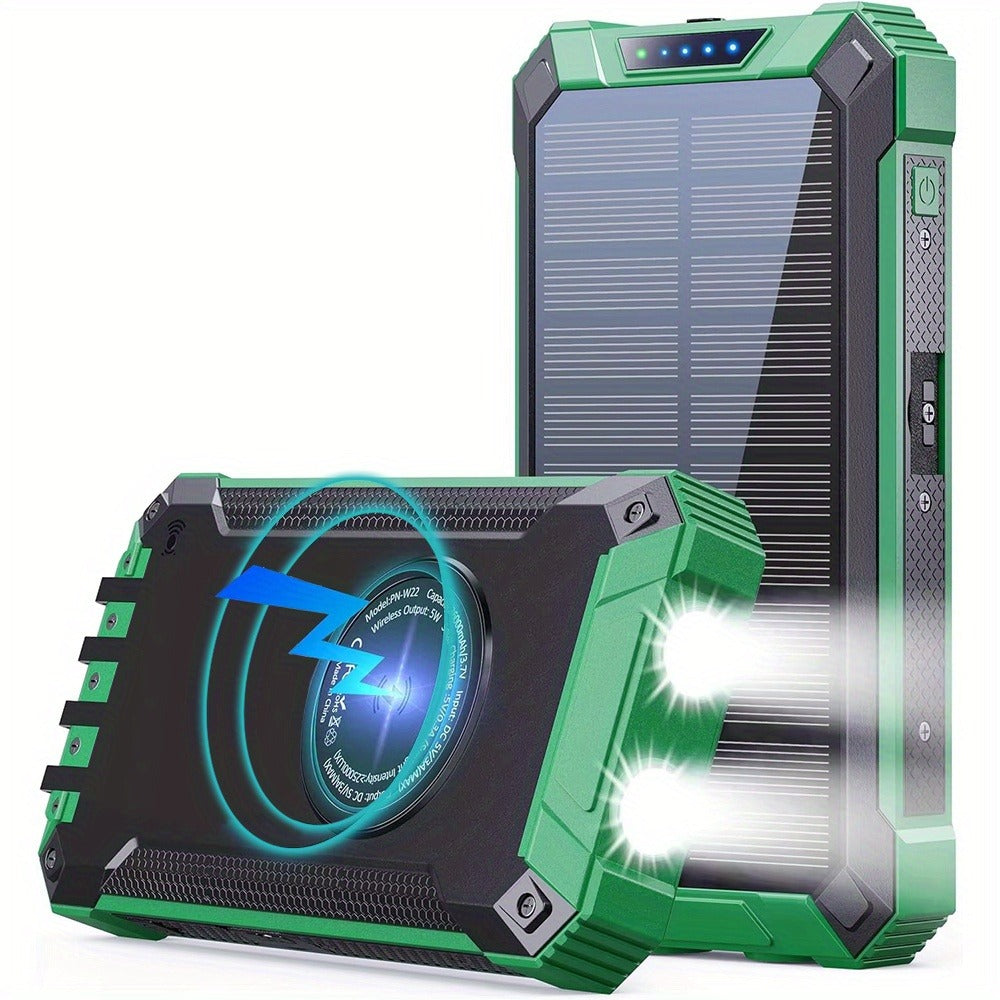 Solar Power Bank, 46800mAh Wireless Charger with Four Built-In Cables, Dual LED Lights and Five Color Options