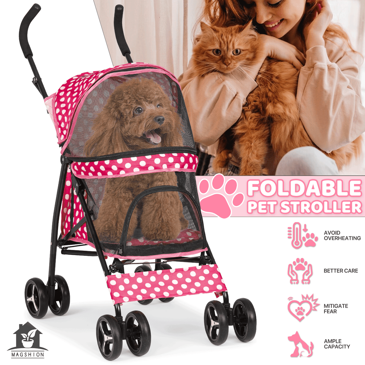 Four-Wheel Pet Stroller with Mesh Cabin, Folding Frame, Lower Basket and Ten Color or Print Options