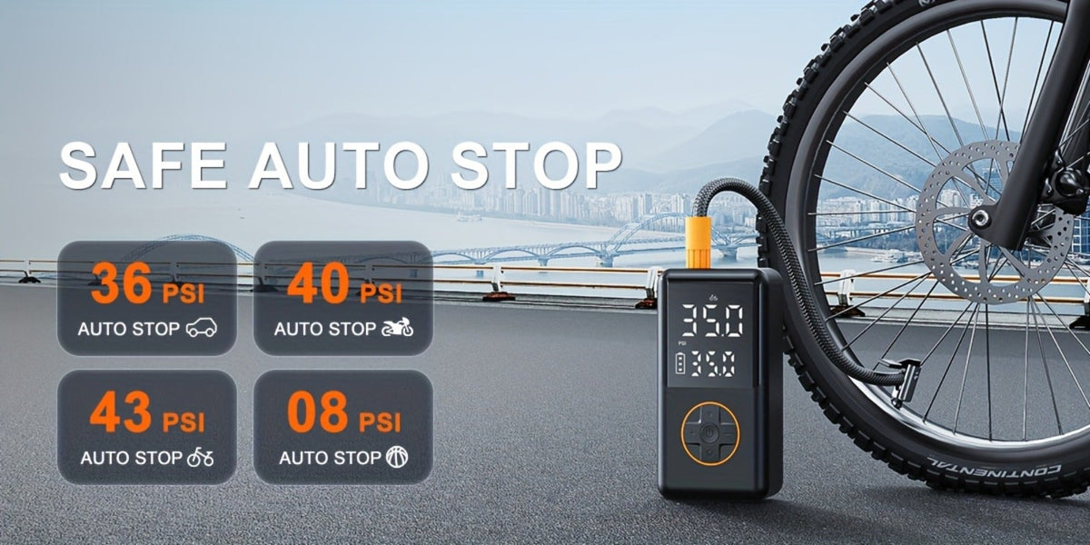 Compact Cordless Tire Inflator with Digital LCD Screen, Blue Air Hose and Pictured Valve Adapters