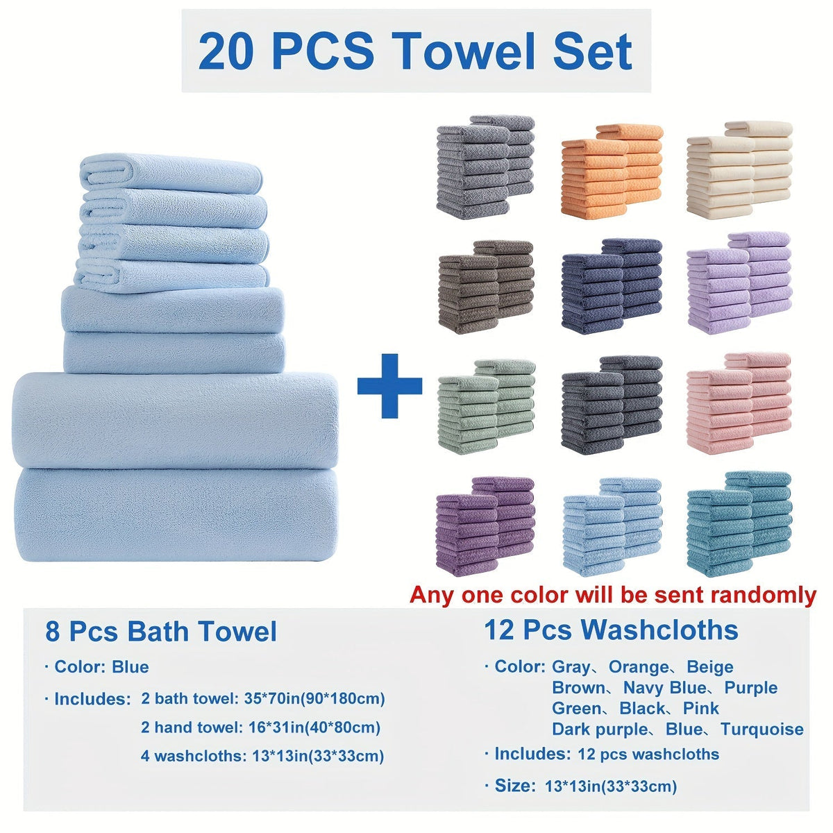 Bath Towel Set 20 Piece 100% Microfiber Absorbent Quick Dry Soft Extra Large Bath Sheets 8 Bath Towels 12 Washcloths Home Bathroom Spa Gift