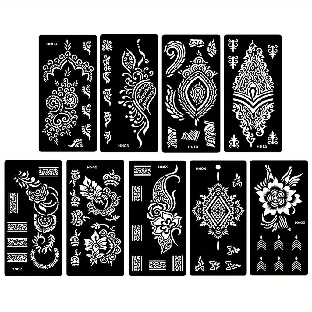 Nine-Sheet Reusable Tattoo Stencil Set with Long Floral and Henna-Style Pattern Cards in HN1 or HN2