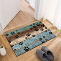 Cat Paw Print Door Mat with Blue and Brown Wood-Look Bands in Three Rectangular Entryway Sizes