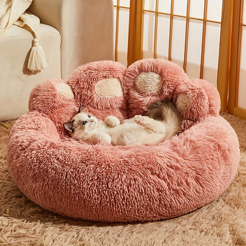 Bear-Paw Round Plush Pet Bed in Coffee, Pink or Gray with Four Weight-Labeled Size Options