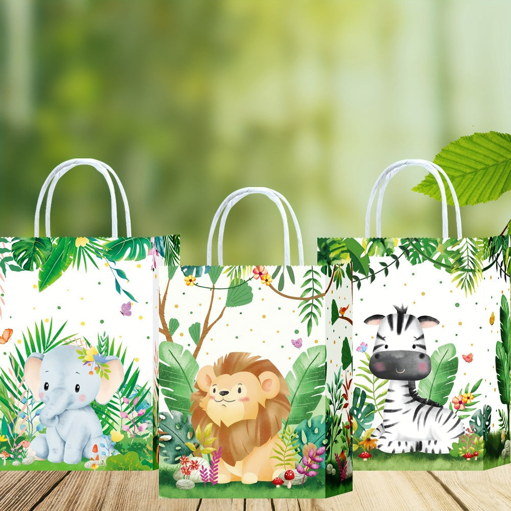 Party Favor Bags Safari Animals Jungle Theme Woodland Print Paper Goodie Bags with Handles for Kids Birthday Party Candy Gift Bags 8 Styles