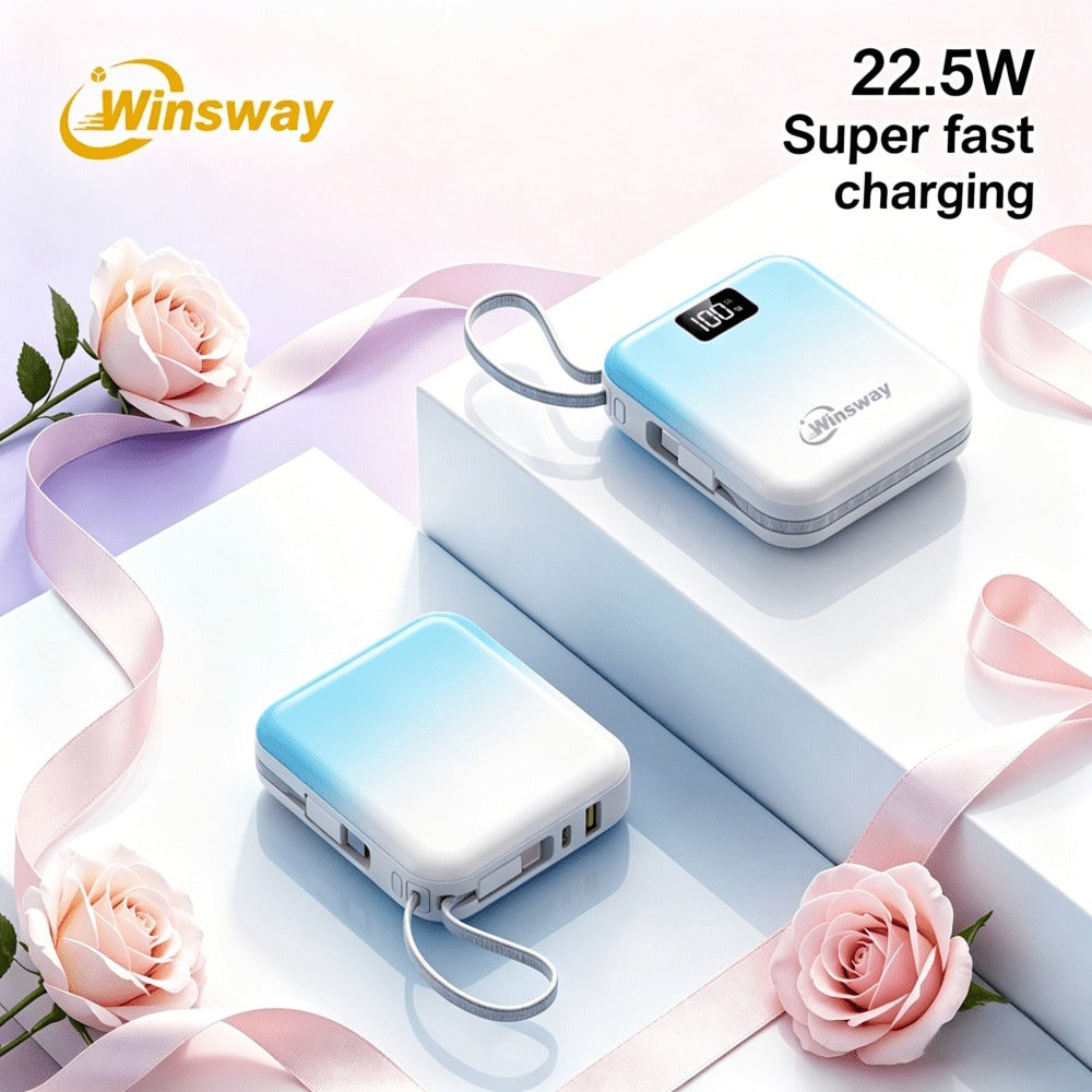 10000mAh Winsway Power Bank with 22.5W Label, Built-In USB-A and USB-C Cables and Gradient Colors