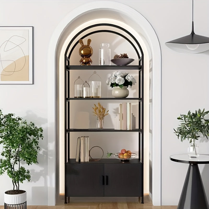 Bookshelf 71.25-Inch Arched Display Cabinet with Open Shelves, Two Doors and Five Finish Options
