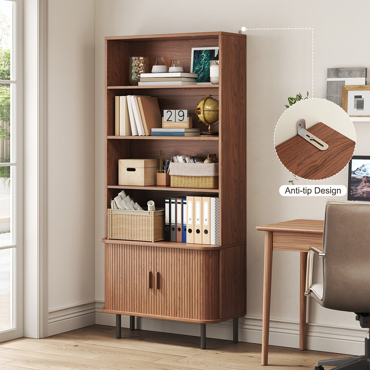 71-Inch Tall Bookcase with Adjustable Shelves and Sliding Doors for Living Room