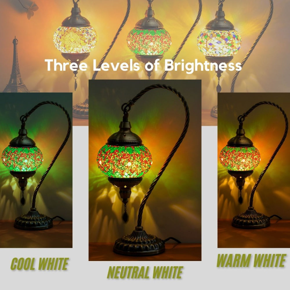 Table Lamp with Swan-Neck Mosaic Glass Shade, Metal Base, Six Color Options and Three White-Light Modes