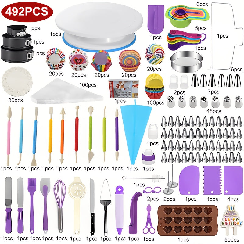 Piping Bags and Tips Set 492pcs Complete Cake Decorating Kit with Turntable Frosting Spatula for Entryways, Bedrooms and Living Spaces