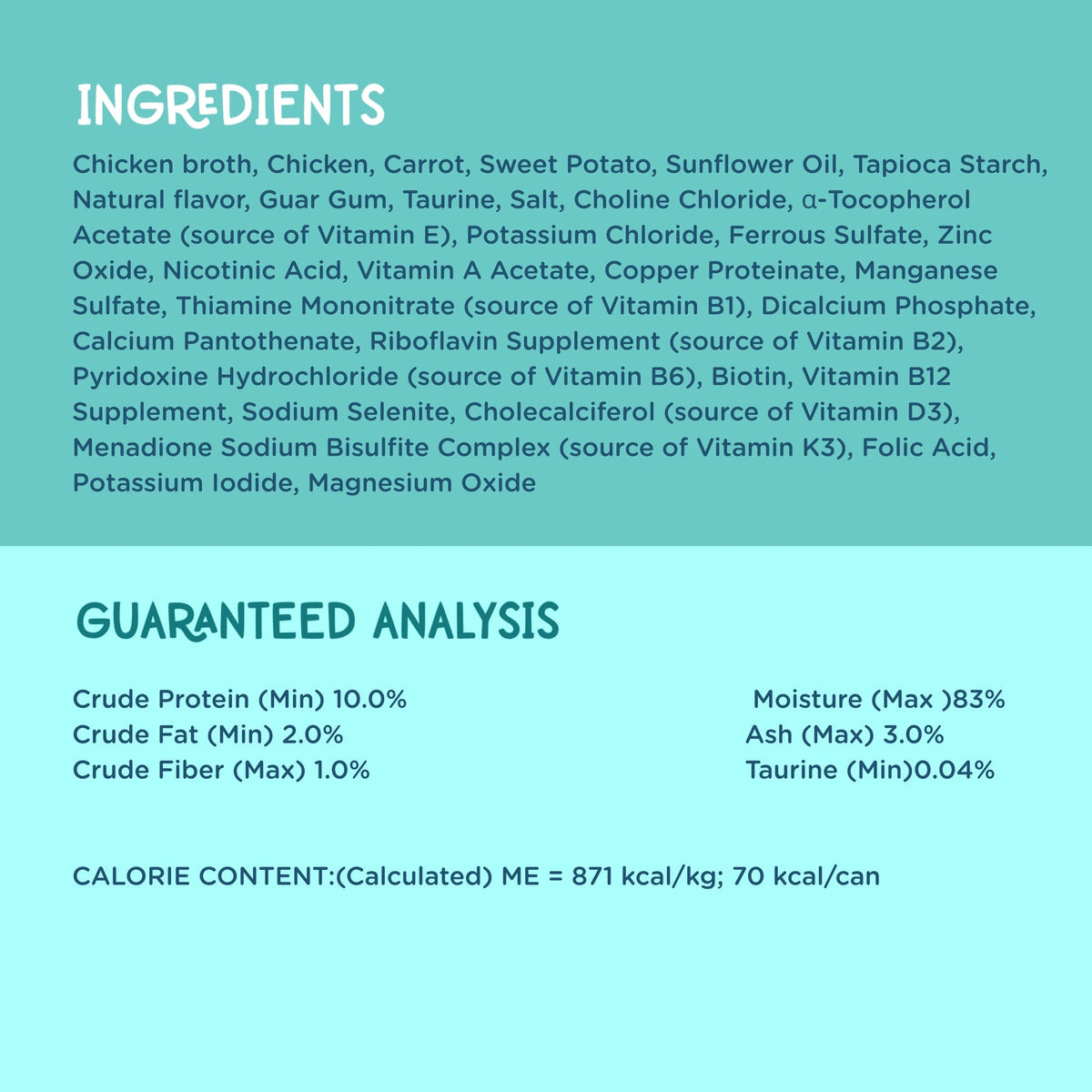 A light blue informational graphic with a dark teal header reading 'INGREDIENTS' and a list of chicken broth ingredients, plus a 'GUARANTEED ANALYSIS' section with nutritional claims and calorie content.