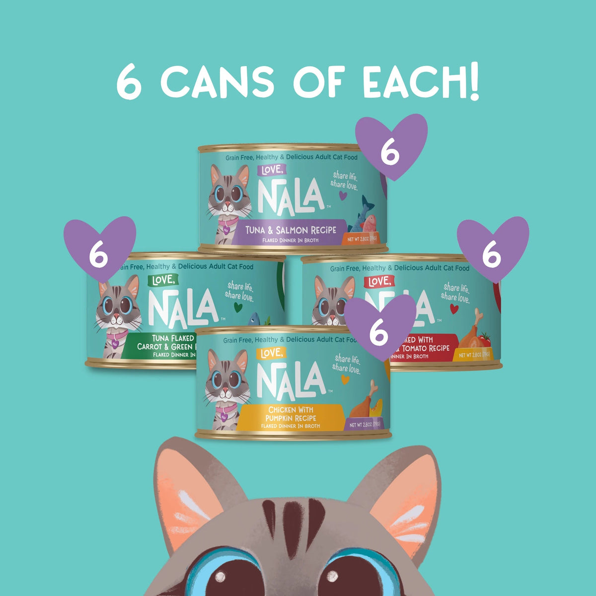 Promotional graphic for NALA cat food showing six cans of different flavors stacked together, with the text '6 CANS OF EACH!' and purple heart graphics labeled '6'. A cartoon cat face is visible at the bottom against a teal background.