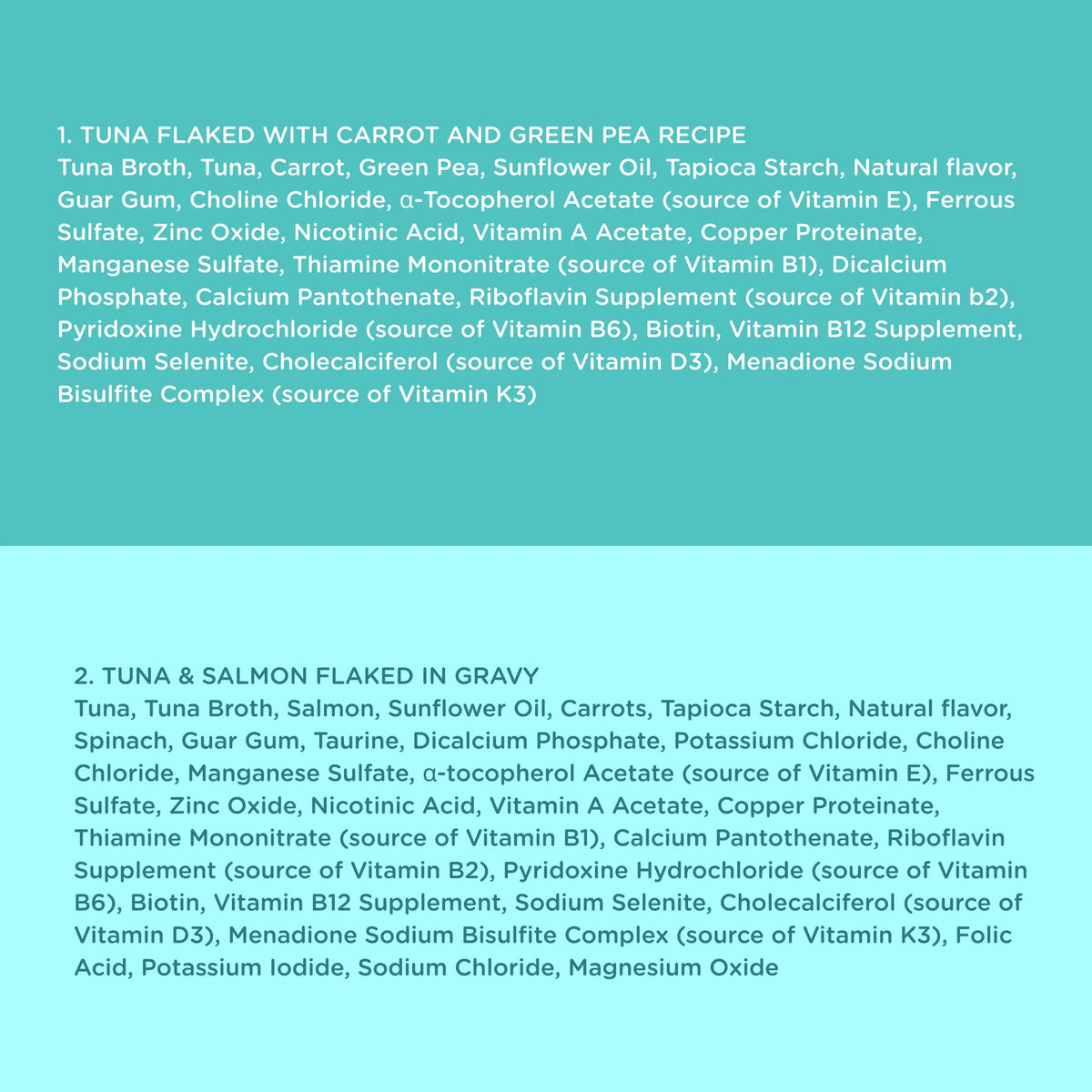 A text-based comparison chart on a teal background listing two tuna recipes: tuna flaked with carrot and green pea, and tuna with salmon flaked in gravy. The text details ingredients and cites various vitamins and supplements.