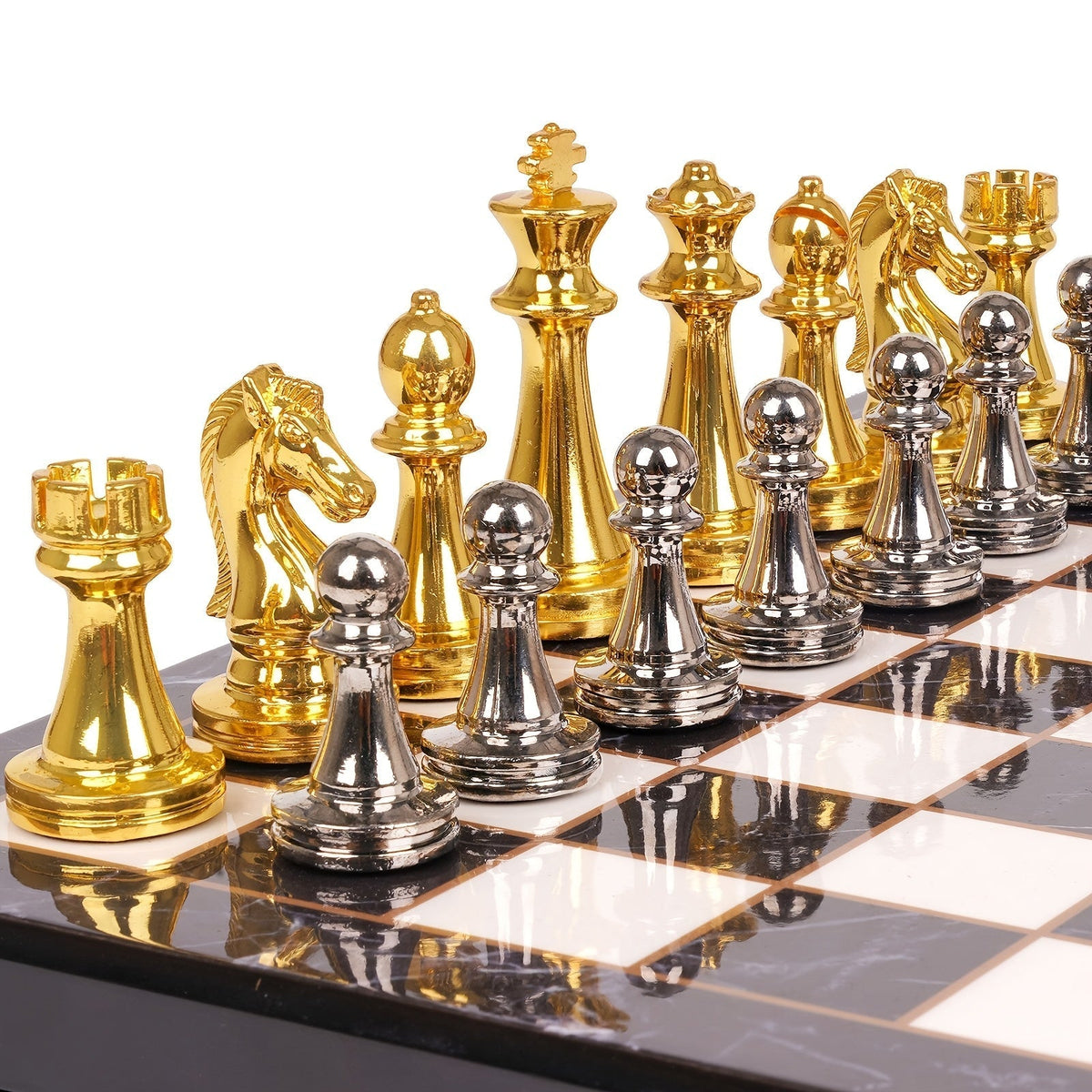 Luxury Metal Chess Set with Marble Board – Zinc Alloy Gunmetal & Gold Pieces Extra Queens 11.5" Elegant Chessboard Gift for Adults Beginners