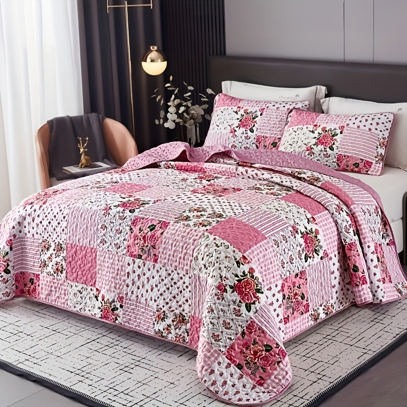 Bright Pink Floral Patchwork Three-Piece Bedspread Set with Twin, Full-Queen and King Size Options