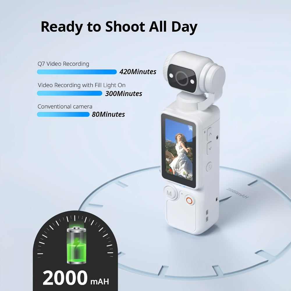 W&O Pocket Camera with Webcam Function, 1.9" Screen, 180° Rotating Shot, 2000mAh Battery, USB-C Charging