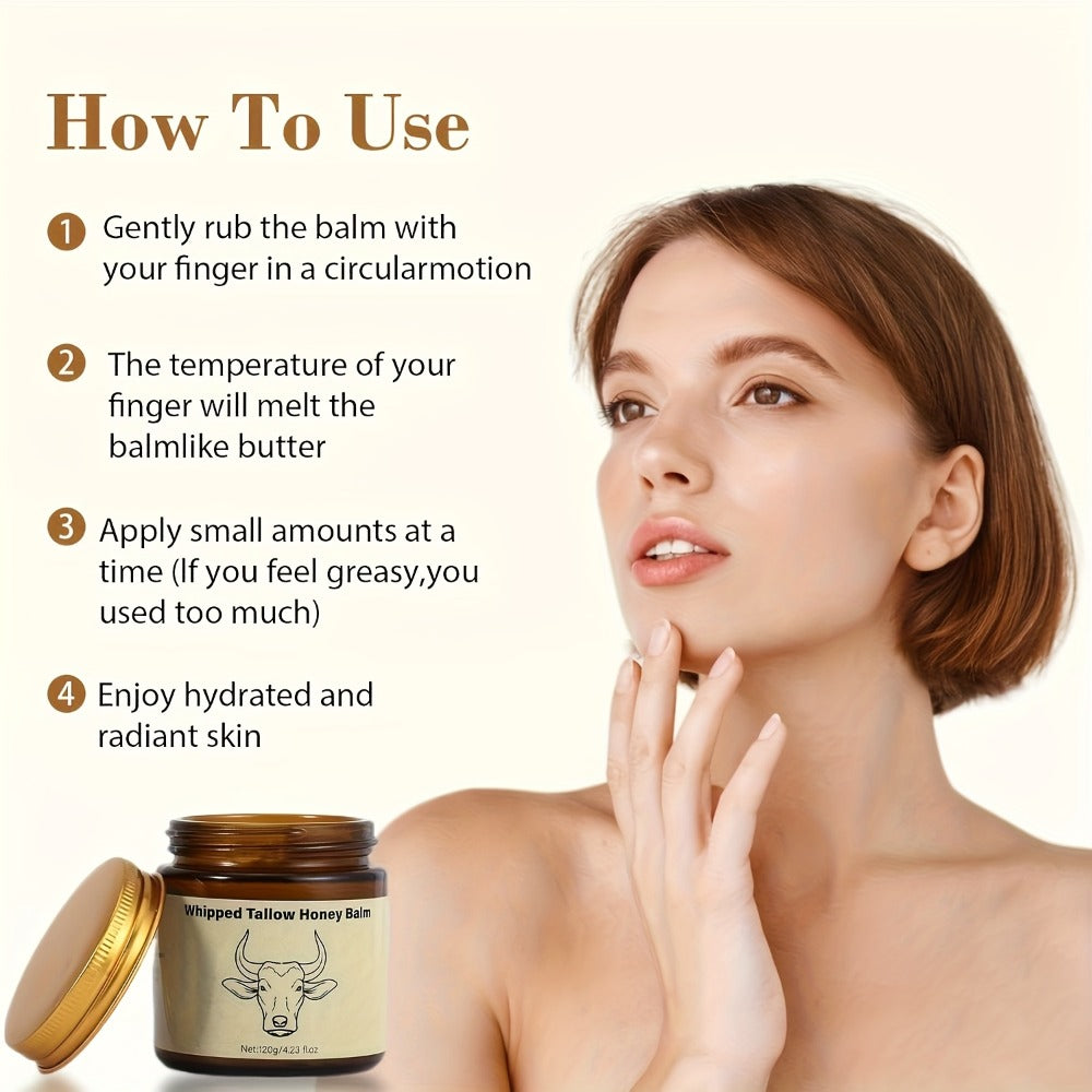 Grass-Fed Beef Tallow Balm with Honey & Hyaluronic Acid Natural Whipped Face Body Cream Nourishing Lotion Sensitive Skin Safe 114g/4oz