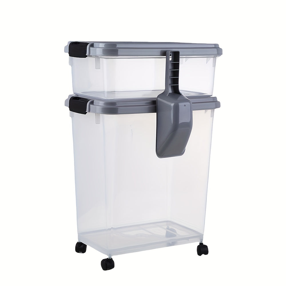 30QT and 10QT Stacking Pet Food Bin Set with Long Scoop, Front Latch and Removable Caster Wheels