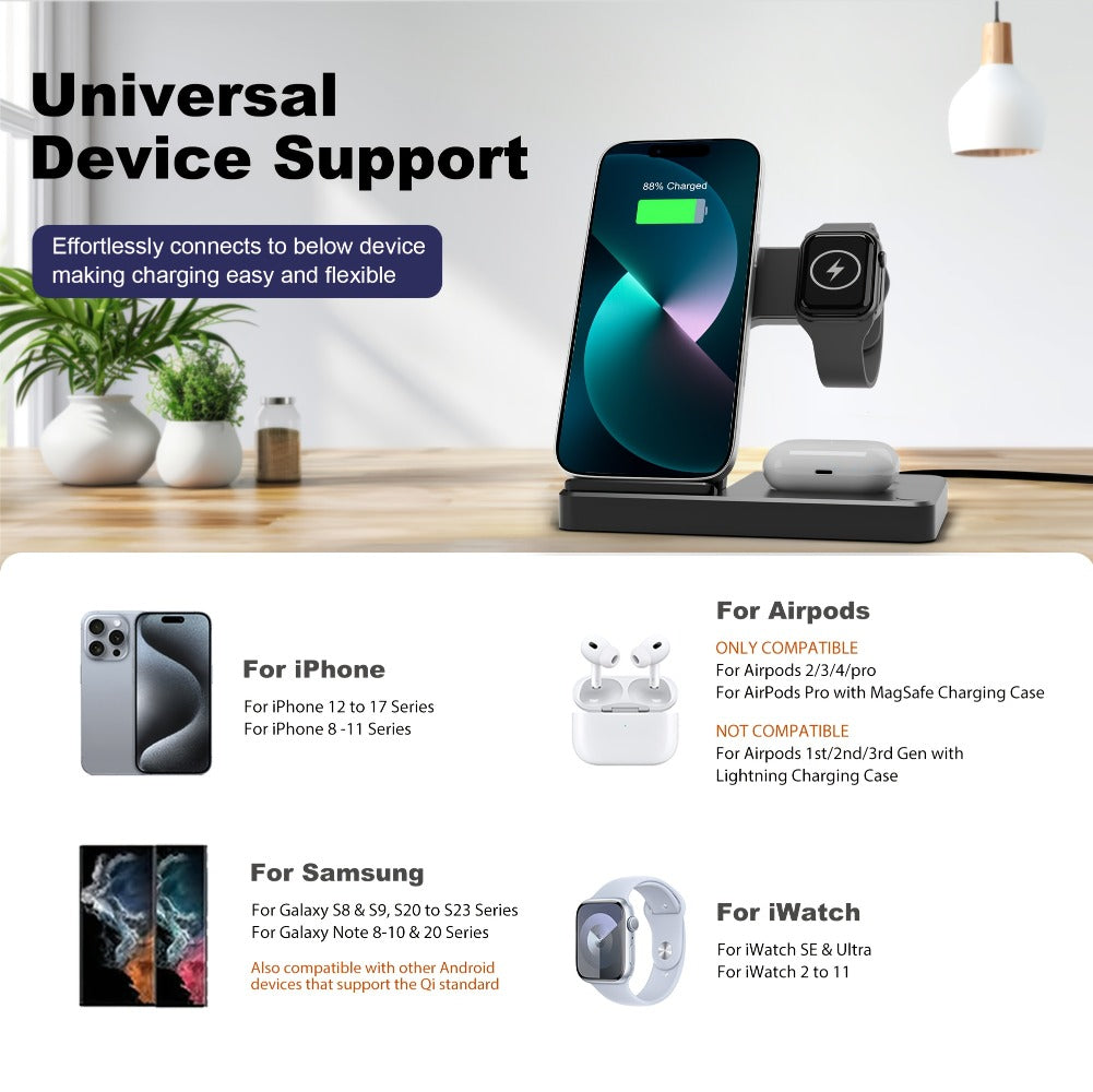 Wireless Charging Station, Foldable 3-in-1 15W MagSafe-Compatible Stand with Adapter-Option Variants for Apple Devices