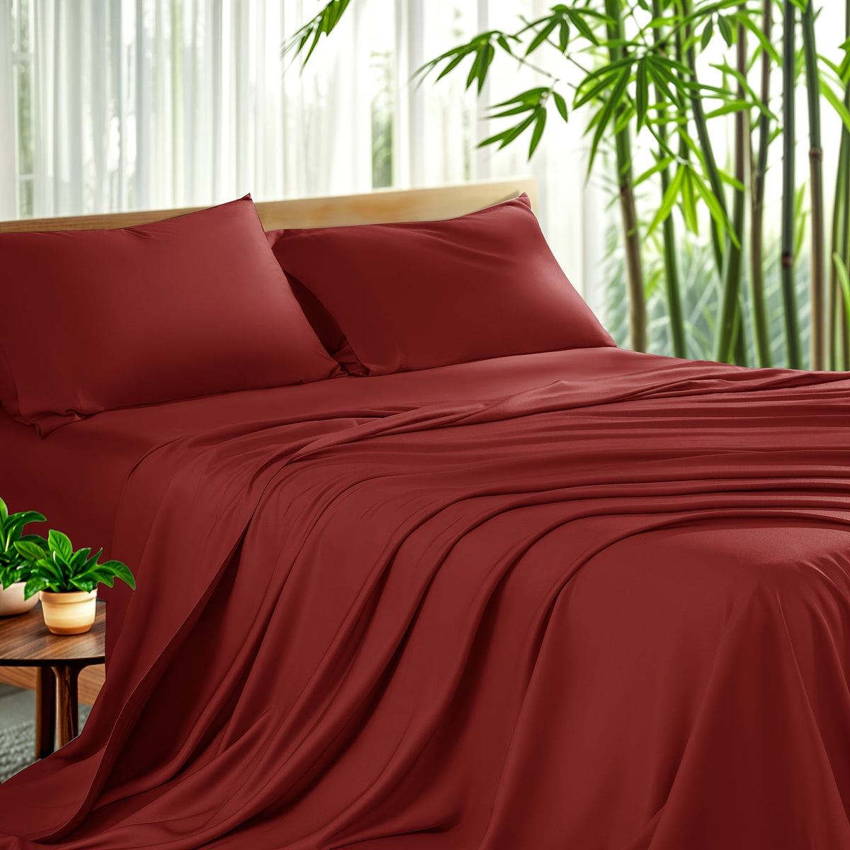 Sheet Set, Four-Piece Bamboo-Blend Plain-Weave Bedding with 16-Inch Fitted Pocket and Thirteen Solid Colors