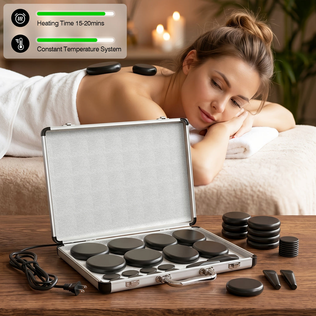 18-Piece Basalt Hot Stone Massage Set with Warmer, 4 Sizes for Full Body Deep Relaxation, Professional
