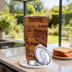 20oz Brown Fisherman-Graphic Tumbler with Clear Lid, Metal Straw and 7.2 x 17.5 cm Pictured Size