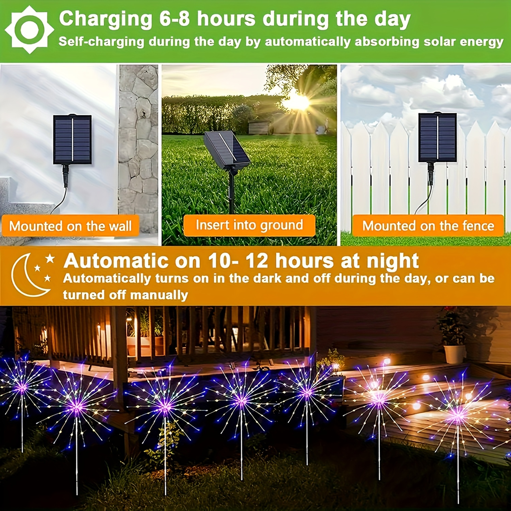 Solar Garden Lights Firework Stakes with 240-640 LEDs, 8 Modes, 4/8 Packs and Three Light Colors