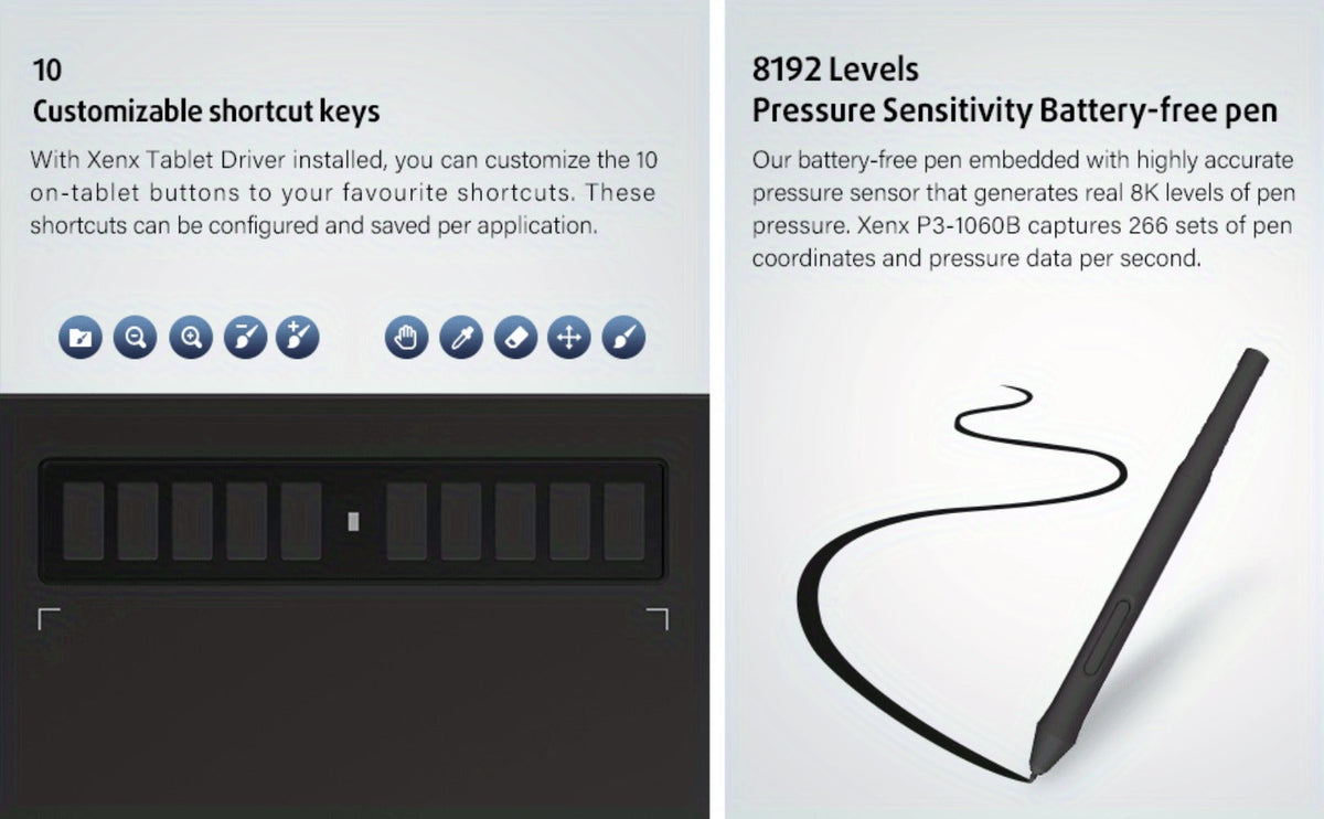 XENX Graphics Drawing Tablet 10 x 6.22 Inch, 8192 Pressure Sensitivity Battery-Free Passive Stylus