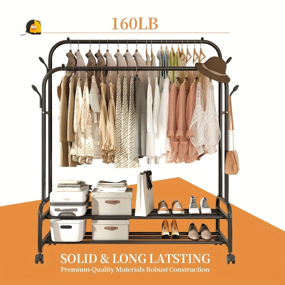 Black or Gold-Color Double-Rod Clothing Rack with Wheels, Side Hooks and 150 x 110 x 46 cm Frame