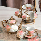 20-Piece Floral Ceramic Tea Set with Saucers & Metal Stand, European Afternoon Tea Service, Blooming Design