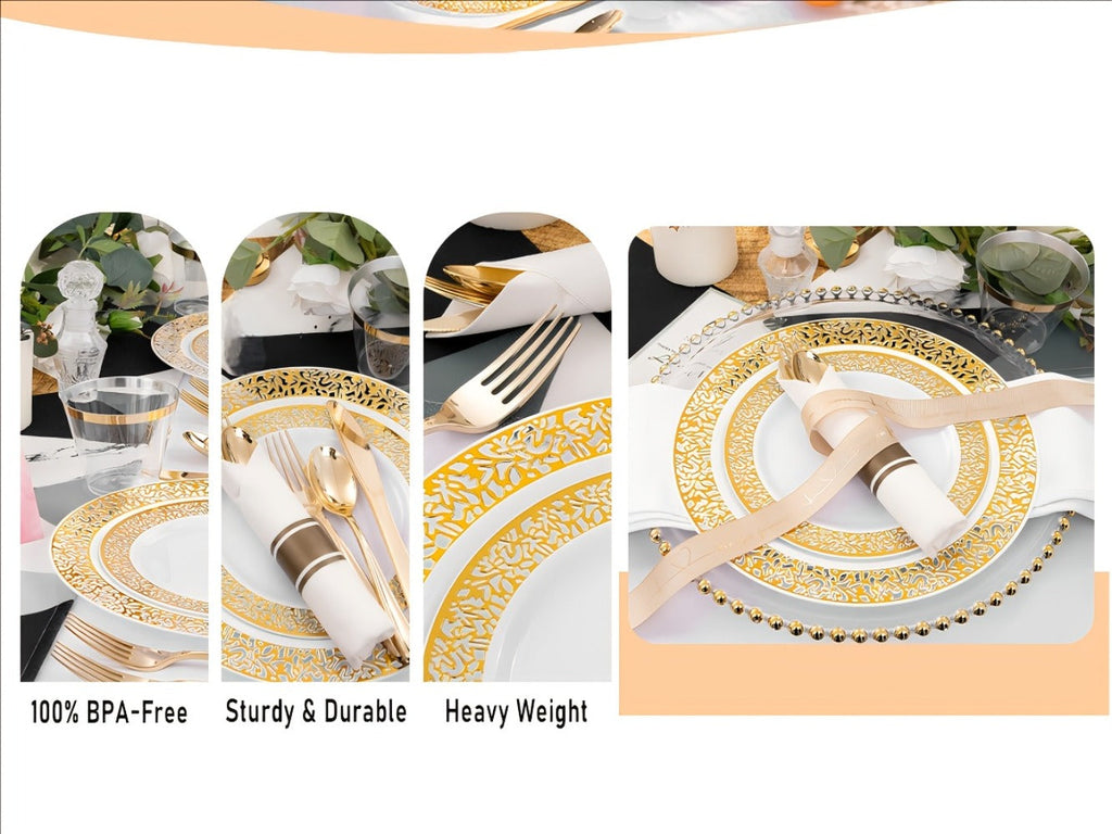 Gold Disposable Dinnerware Set for 50 Guests 350pcs, Includes Dinner Plates, Dessert Plates, 9oz Cups with Gold Rim