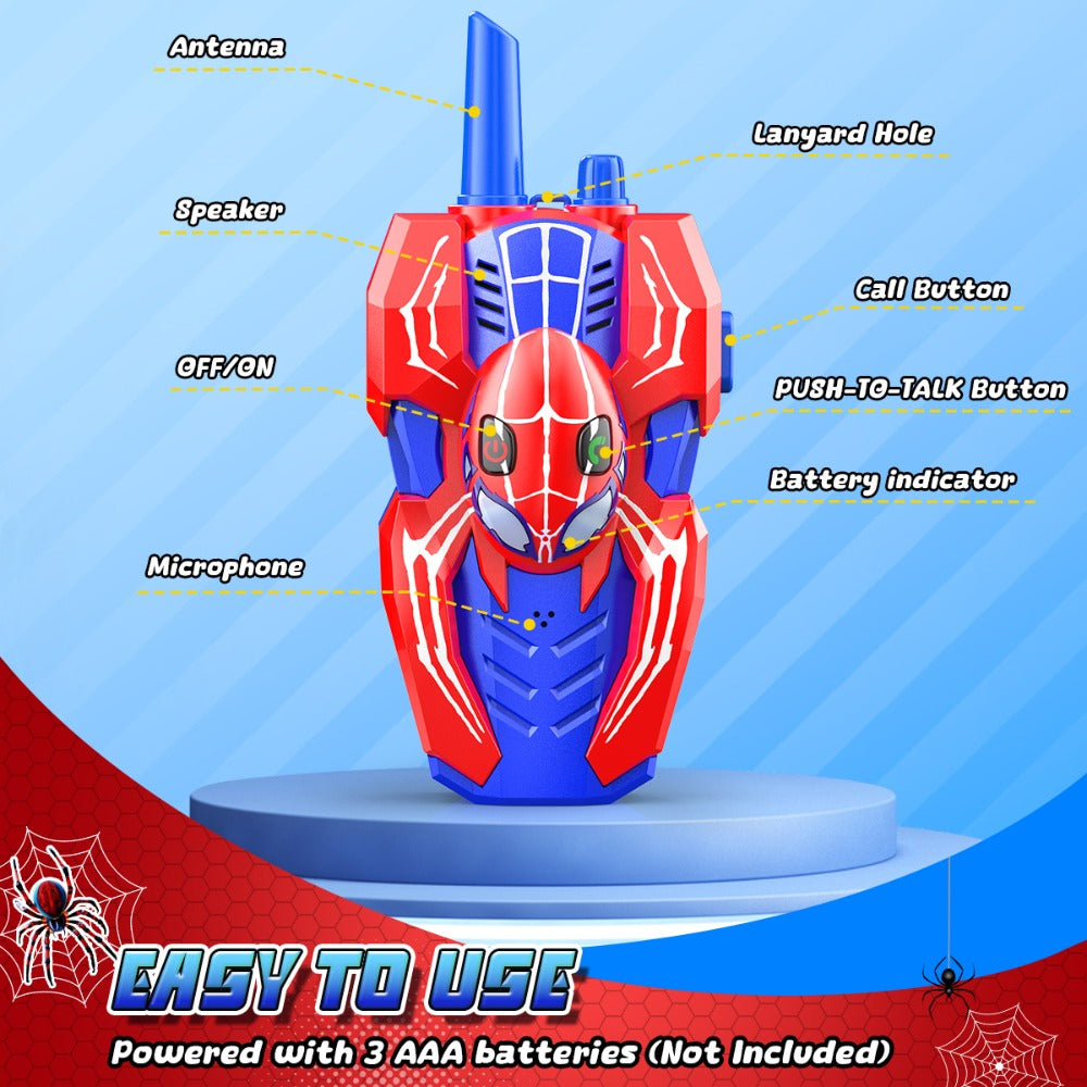 Spider Walkie Talkies for Kids 2-Pack, 2-Way Radio Toy, Grip, Push-to-Talk, Lanyard Hole, Ages 3-12 Boys & Girls