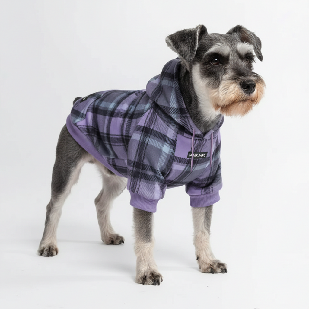 Purple Plaid Stretch Fleece Dog Hoodie, M