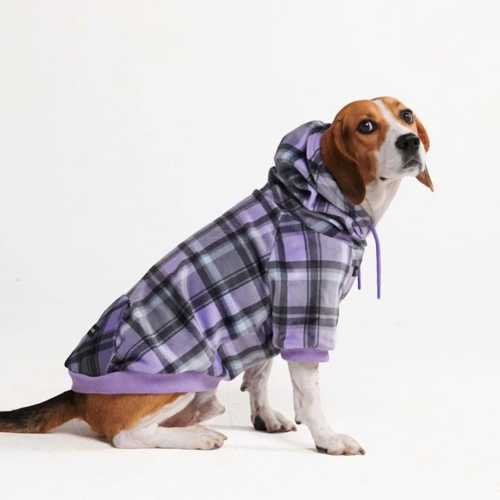 Purple Plaid Stretch Fleece Dog Hoodie, 2XL