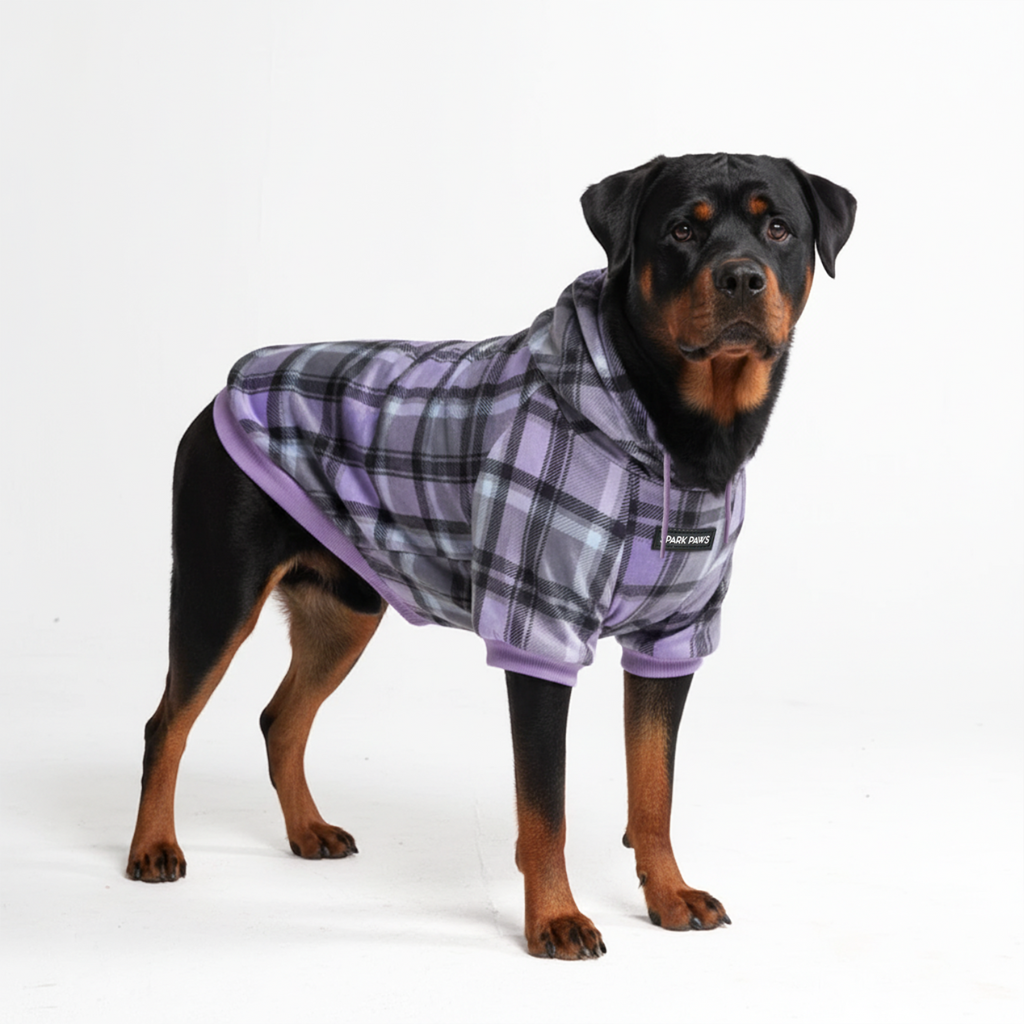 Purple Plaid Stretch Fleece Dog Hoodie, 4XL
