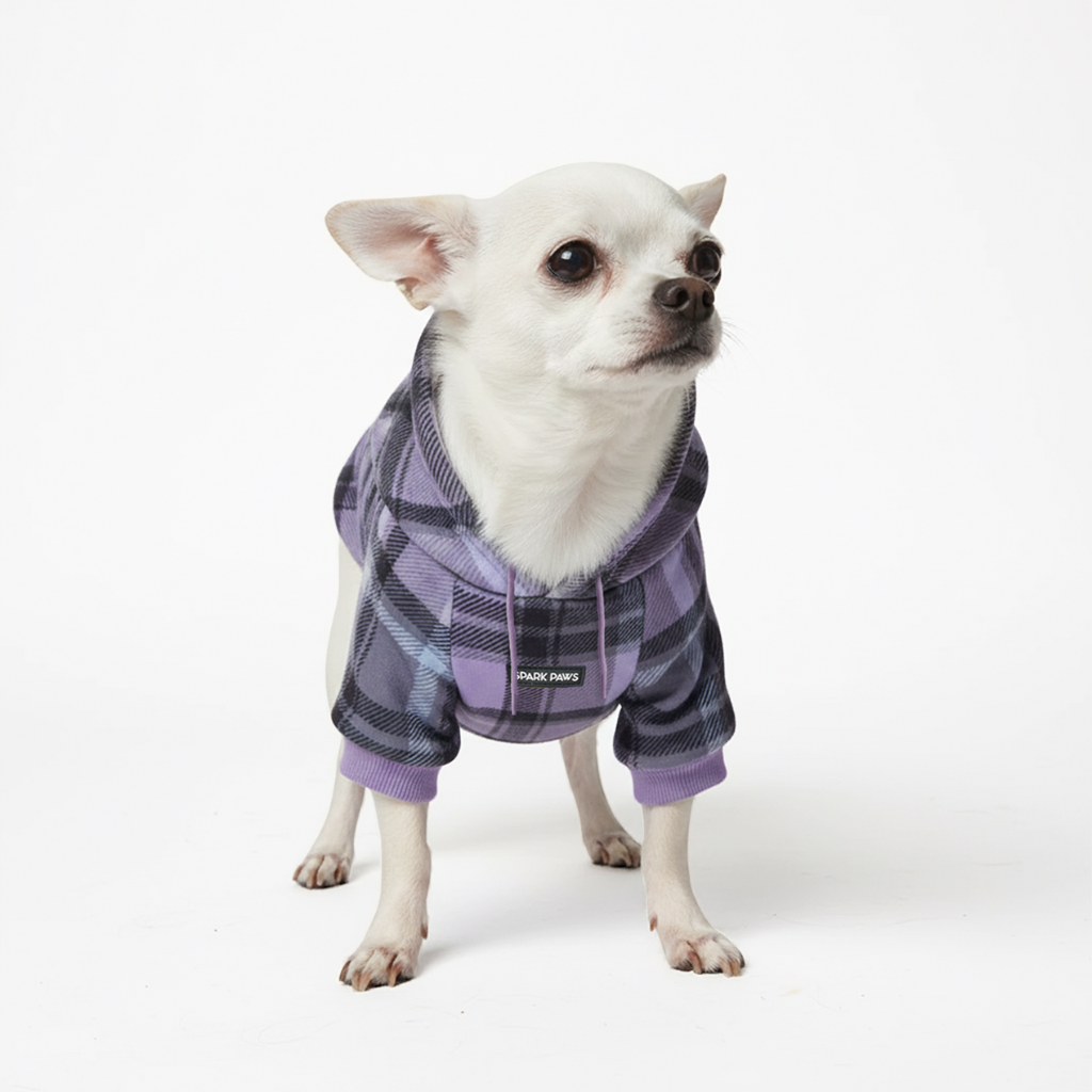 Purple Plaid Stretch Fleece Dog Hoodie, S