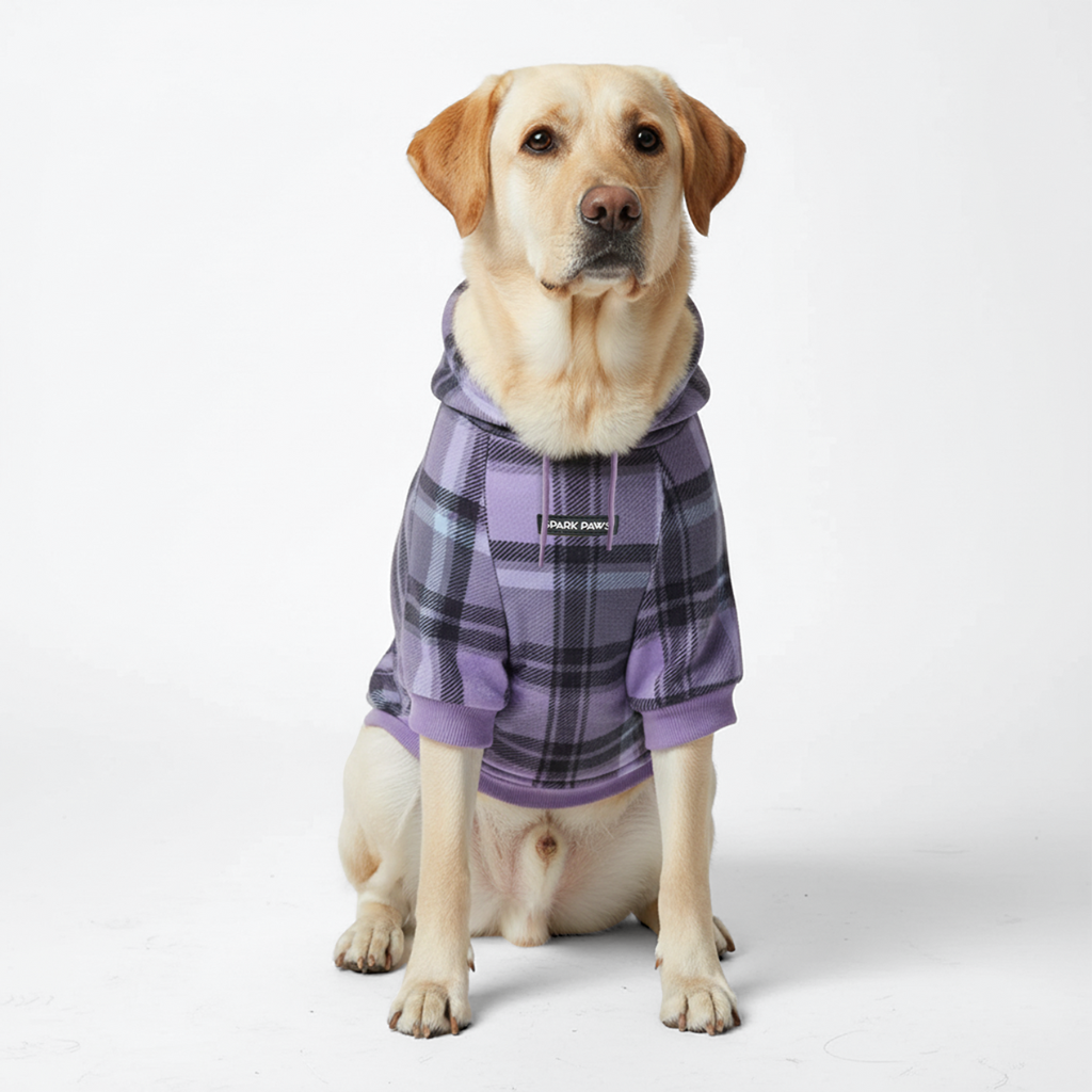 Purple Plaid Stretch Fleece Dog Hoodie, 3XL
