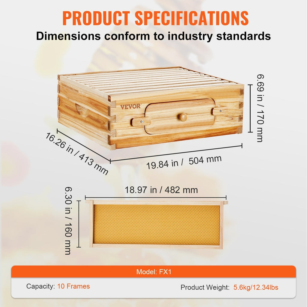 Beehive Kit 10 Frame Cedar Wood Bee Hive with Transparent Windows & Beeswax Coating, for Garden, Yard and Pest Management