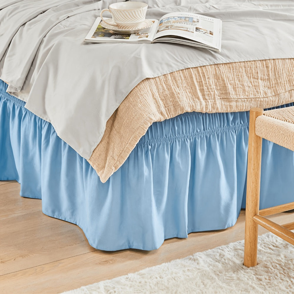 Bed Skirt Elastic Wrap Around Ruffle – 15 Inch Drop Microfiber Dust Ruffle, Adjustable No-Lift Fit, Fade Resistant Machine Washable
