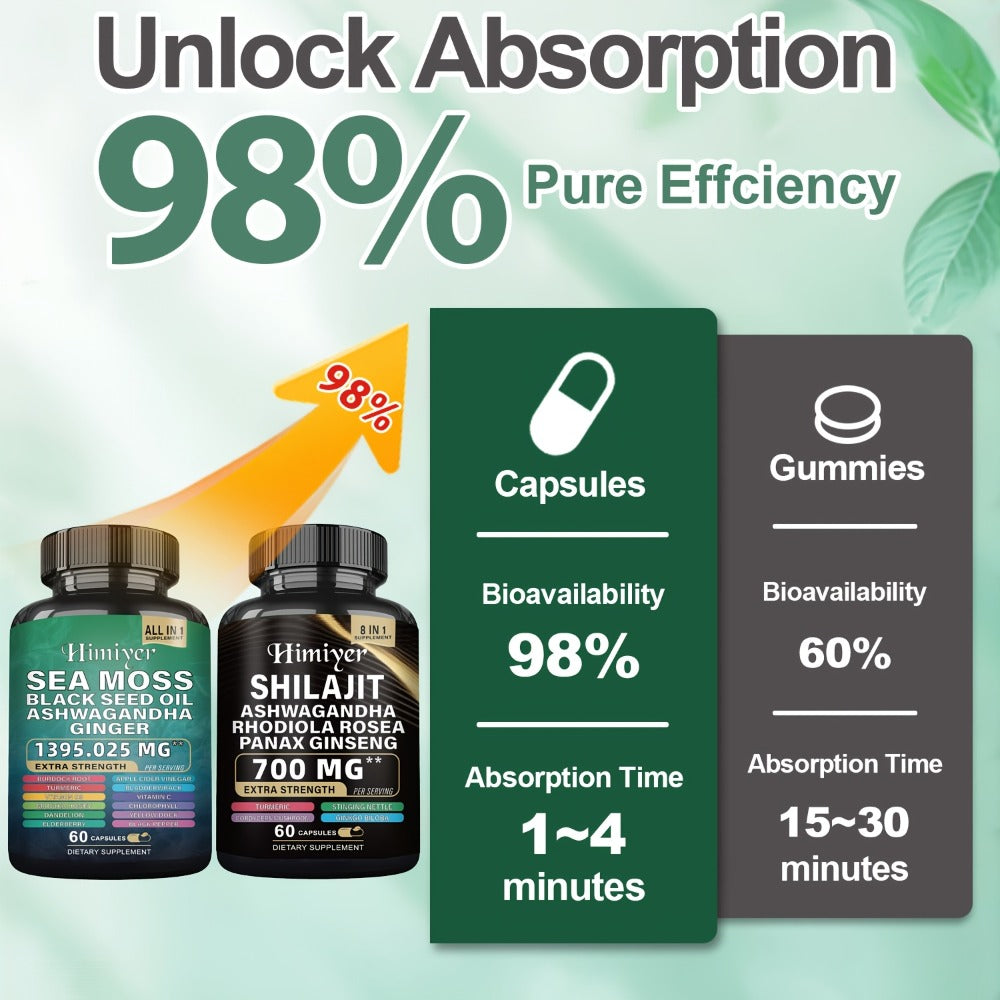 Sea Moss and Shilajit Capsule Supplements in 60-Count Bottles with One- to Six-Bottle Options