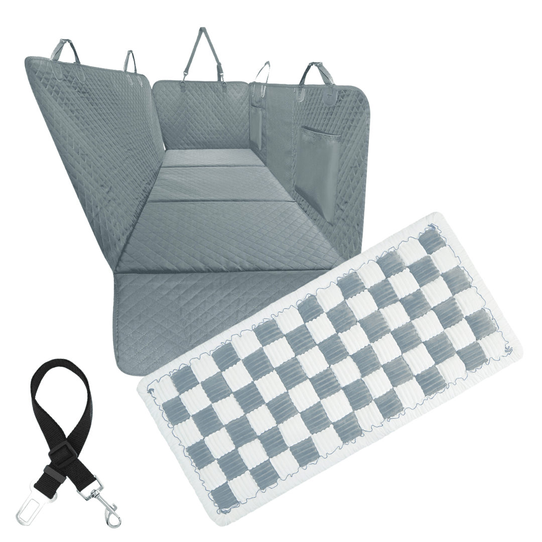 Hard-Bottom Dog Back-Seat Hammock Cover, Gray / Large (Fits Most Vehicles) / Backseat Cover + FREE Safety Belt + Plush Backseat Dog Bed