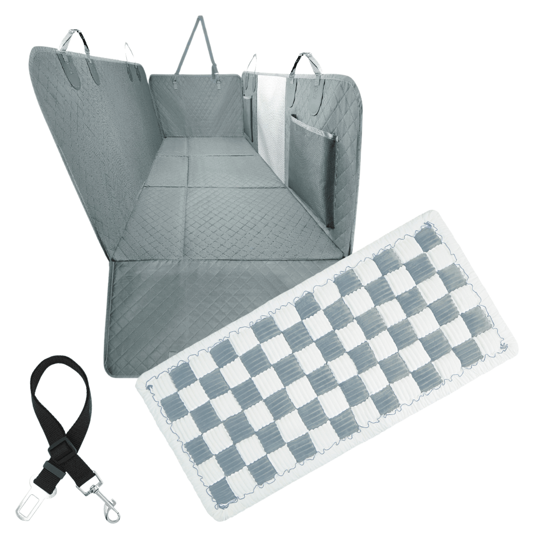 Hard-Bottom Dog Back-Seat Hammock Cover, Gray / Extra-Large (Fits Bigger Trucks) / Backseat Cover + FREE Safety Belt + Plush Backseat Dog Bed
