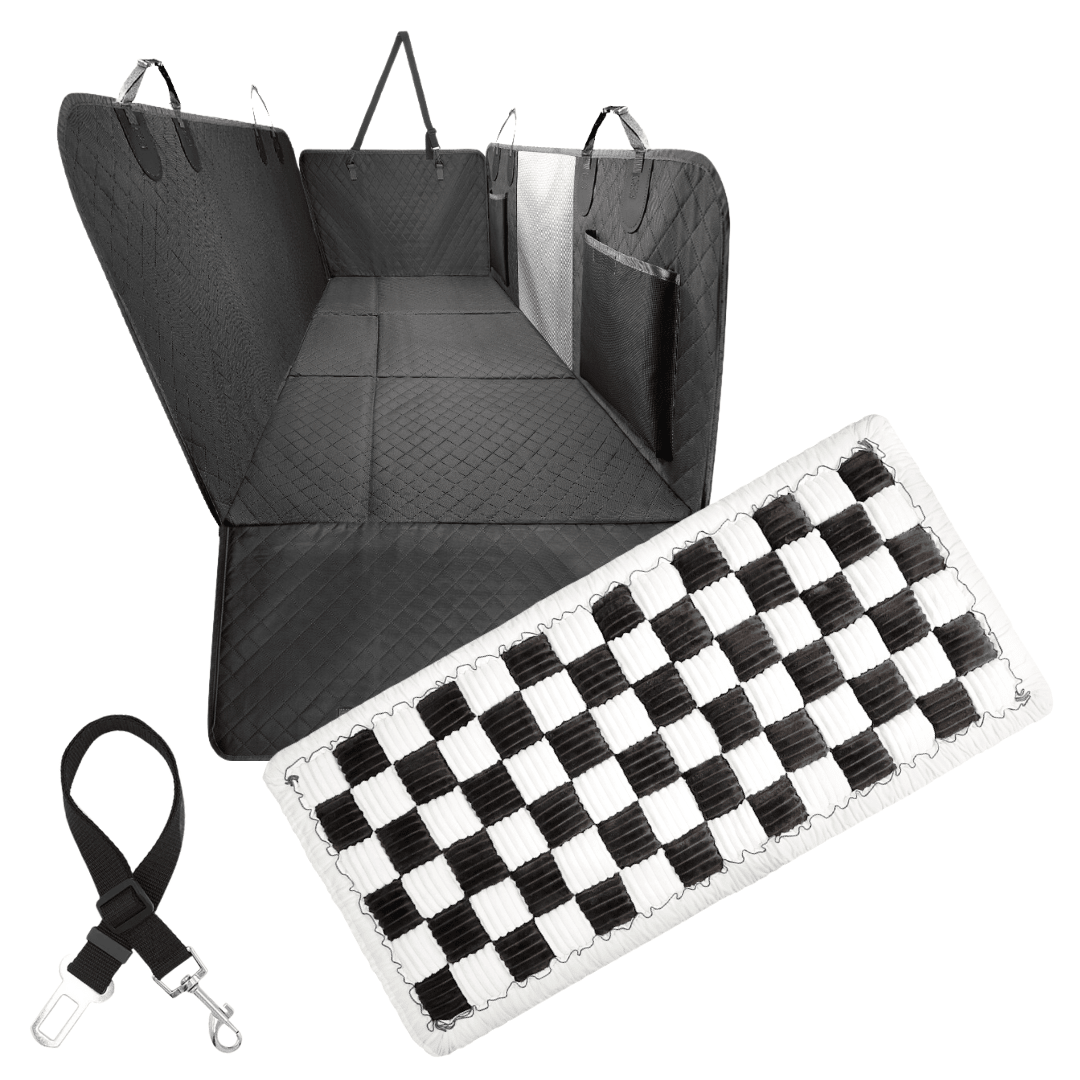 Hard-Bottom Dog Back-Seat Hammock Cover, Black / Extra-Large (Fits Bigger Trucks) / Backseat Cover + FREE Safety Belt + Plush Backseat Dog Bed