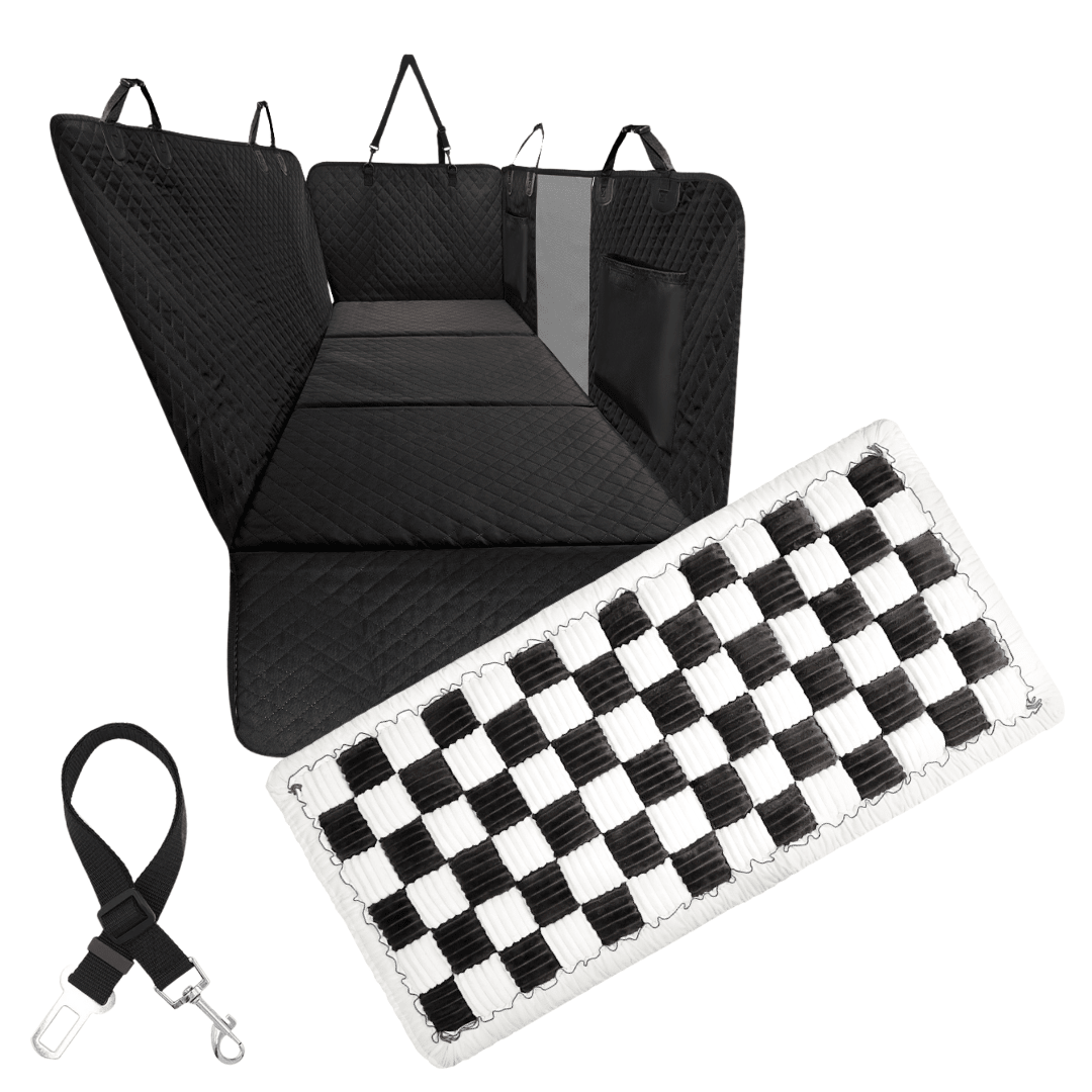 Hard-Bottom Dog Back-Seat Hammock Cover, Black / Large (Fits Most Vehicles) / Backseat Cover + FREE Safety Belt + Plush Backseat Dog Bed