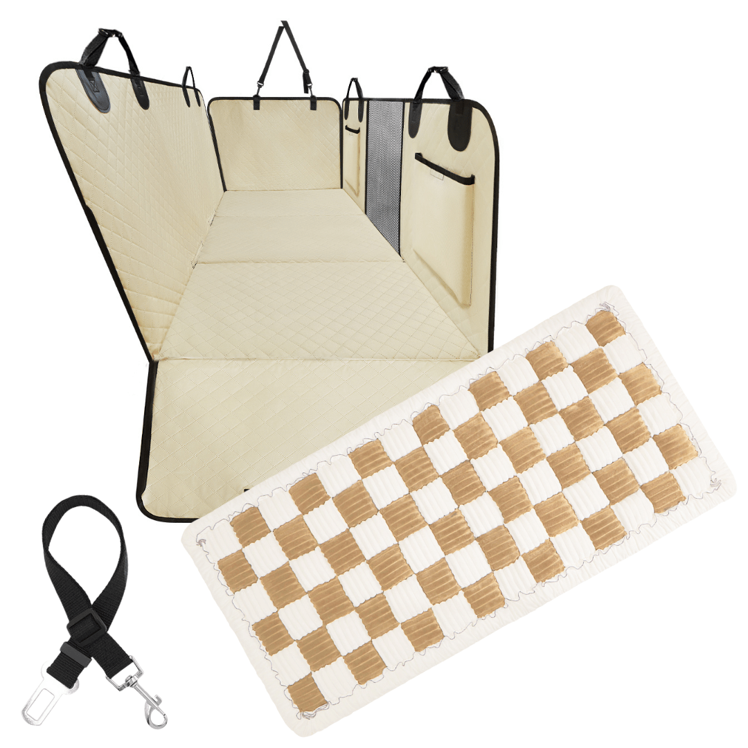Hard-Bottom Dog Back-Seat Hammock Cover, Beige / Large (Fits Most Vehicles) / Backseat Cover + FREE Safety Belt + Plush Backseat Dog Bed