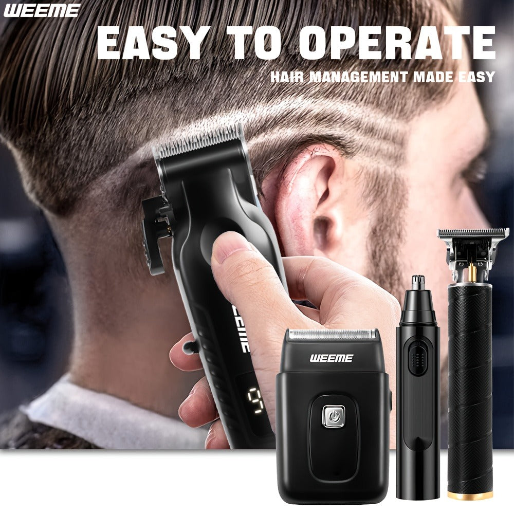 Men's Grooming Kit 4-Piece Set, USB Rechargeable Hair Clipper, Nose Trimmer, Electric Shaver & T9 Detailer with 8 Guide Combs